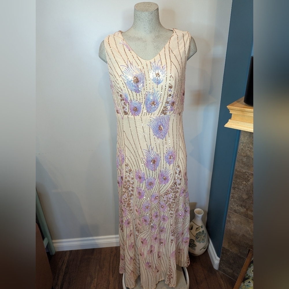 Women's Vintage Peacock Sequin Formal Dress V Neck Party Prom Evening Gown 1x - Picture 15 of 16